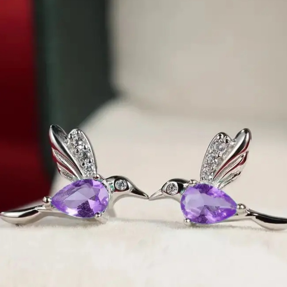 Silver Hummingbird Stud Earrings with Purple Gemstones